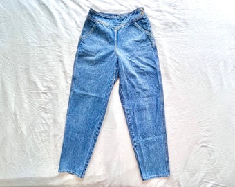 Vintage 1980s Calvin Klein Sport yoke jeans size 8 28” waist medium / 80s CK Jeans high waisted rise yoke paper bag side button tapered leg