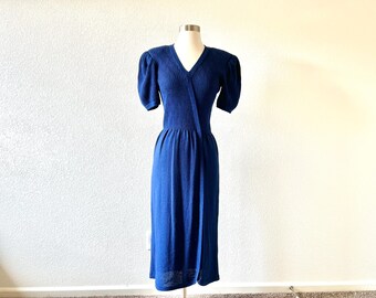 Vintage 80s navy blue sweater dress,  wrap style v-neck puff sleeves, women's size 4 small S XS