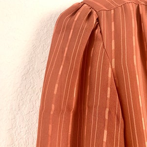 Vintage 1980s Breckenridge sheer pussy bow blouse size small S / 80s sheer rust orange long sleeve button front up down top shirt striped image 3