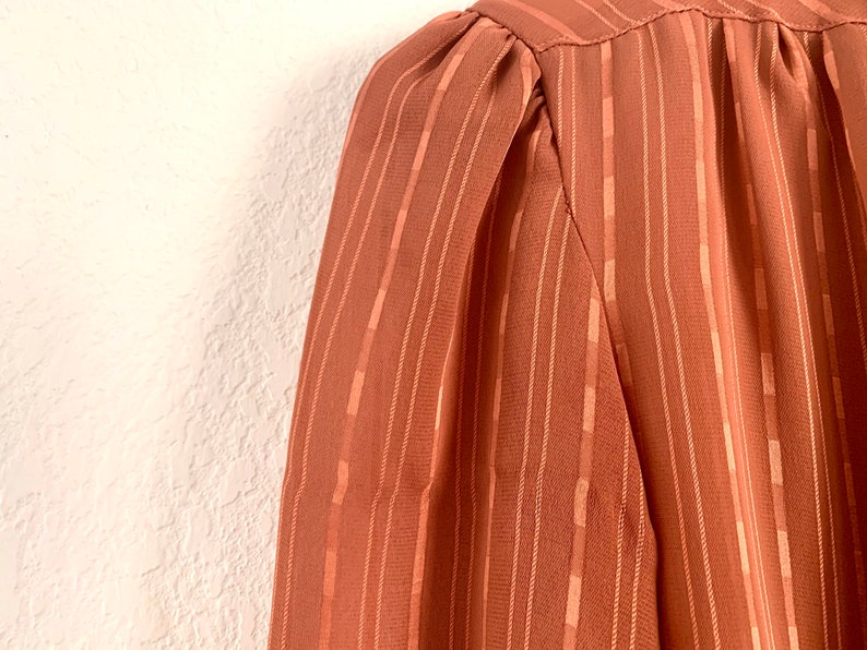 Vintage 1980s Breckenridge sheer pussy bow blouse size small S / 80s sheer rust orange long sleeve button front up down top shirt striped image 3