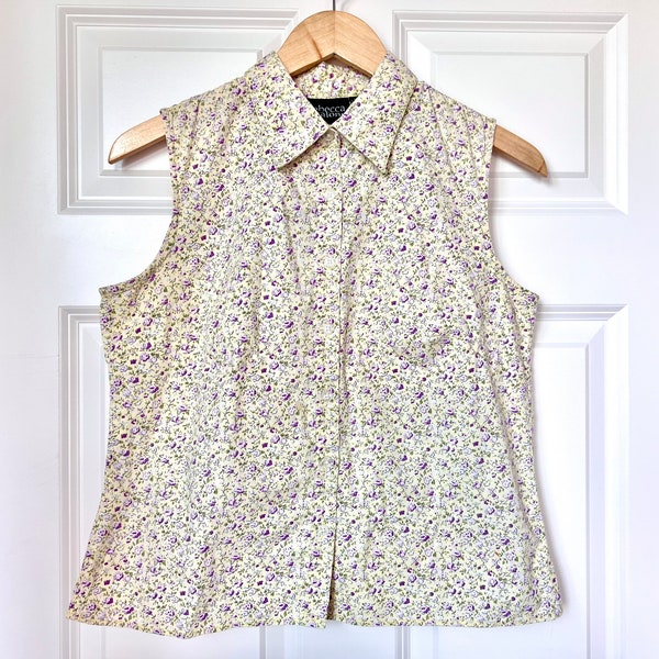 Vintage 2000s Y2K Rebecca Malone floral sleeveless shirt size small S / yellow purple flower collared button front up down tank top blouse