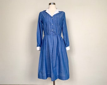 Vintage 1980 Stuart Randolph Petites blu gessato camicia a maniche lunghe taglia XS small S 80's camicia blu pulsante in vita colletto anteriore