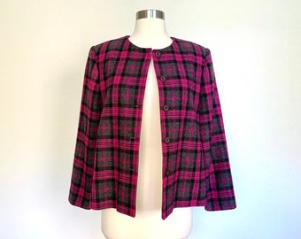 Vintage 1990’s Joan Leslie Petite plaid Woolf blend jacket size 4P small S / 90’s pink black gray checker body fit collarless blazer