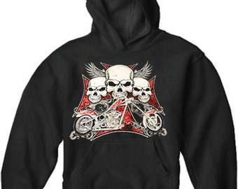 Biker Hoodie - "Flying Skulls of Death" Motorcycle Sweatshirt Adult Mens Hoodies (Black) #B333