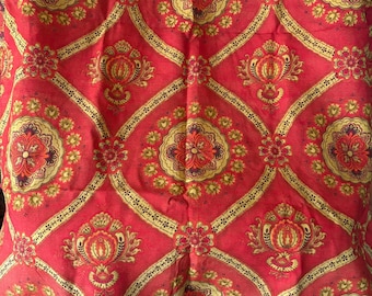 Vintage Retro Mid Century Boho French Medallion Floral Fabric ~ Red Orange  Golden Yellow Brown ~ Interiors Clothing Pillow Textile