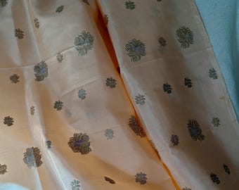 Antique Japanese Chrysanthemum Mum Metallic Gold Brocaded Light Silk Fabric ~ Soft Peach