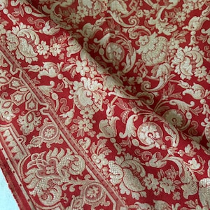 Antique Lg. Rare to Find French Older Le Manach Acanthus Pomegranate Floral Scroll Jacquard Interiors Fabric ~ Lovely Border ~ Red Tan Beige
