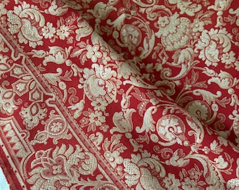 Antique Lg. Rare to Find French Older Le Manach Acanthus Pomegranate Floral Scroll Jacquard Interiors Fabric ~ Lovely Border ~ Red Tan Beige