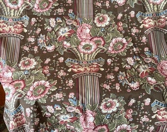 Vintage 1960s Retro Classic Pillar Column Floral Interiors Cotton Fabric ~ Brown Olive Apricot Ochre Burnished Maroon Red Blue Mushroom