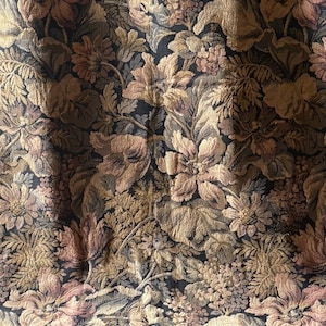 Antique 19thC French Botanical Floral Cotton Tapestry Jacquard Fabric Chateau Curtain Drape Panel #2~ Black Gray Burnished Apricot Olive