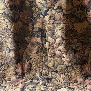 Antique 19thC French Botanical Floral Cotton Tapestry Jacquard Fabric Chateau Curtain Drape Panel #1 ~ Black Gray Burnished Apricot Olive