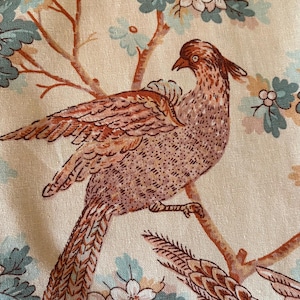Beautiful Vintage Retro French Botanical Bird Floral Cotton Interiors Furnishings Fabric ~ Brown Teal Aqua Ochre~ Romanex Boussac dated 1977