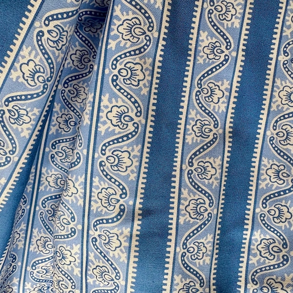 Beautiful Vintage French Pierre Deux Provencal Floral Stripe Cotton Fabric ~ Blue  ~ French Country  Cottage Interiors Decor ~