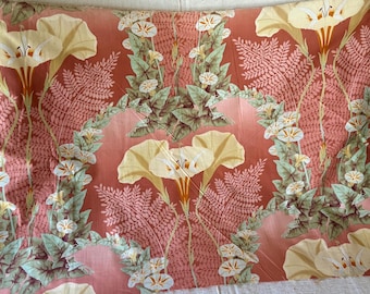 Gorgeous 19th Century 1890 Antique French Morning Glory Fern Botanical Floral Fabric Sample #2 ~ Apricot Ochre Yellow Sage Green