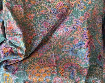 Gorgeous Vintage 1980’s Arabesque Floral Interiors Cotton Fabric #1 ~ Green Fuchsia Pink Orange Golden Yellow Blue ~ Bohemian Chic