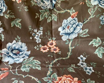 Vintage Retro Bold Large Chinoiserie Inspired Branching Peony Floral Cotton Interiors Fabric ~ Blue Green Apricot Rust on Brown ~ 1970 1980