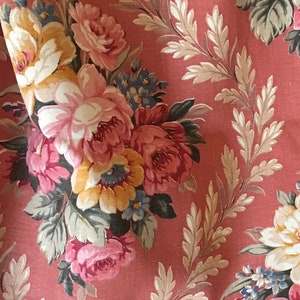 Beautiful Unused Antique Vintage Cottage Roses Floral Linen Fabric ~ 1930’s 1940’s ~ Salmon Red Pink Yellow Blue Green