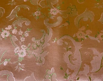 Gorgeous Vintage French Floral Satin Interiors Damask Brocade Jacquard Fabric ~ Apricot Pink Green
