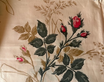 Wunderschöner Vintage Mid Century Rosen Floral polierter Baumwoll Chintz Stoff ~ Pink Rot Grün Tan auf Soft Pink ~ Mid Century Cottage