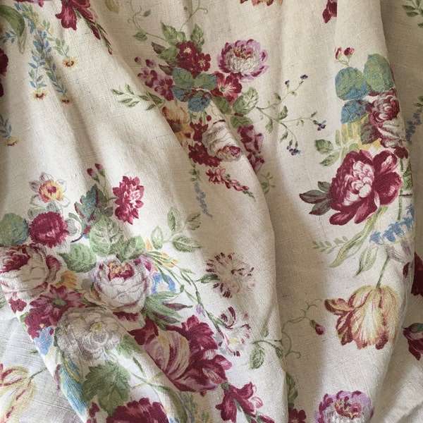 Beautiful Antique French or English Shabby Floral Roses Linen Interiors Fabric ~ Rose Bordeaux Green Blue Oatmeal ~ Coventry Janine Bizeaux