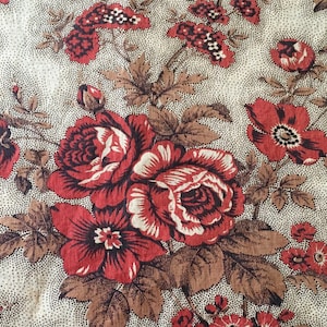 Antique 19th Century 1850’s French Floral Roses Picotage Cotton Unglazed Chintz Fabric ~ Rust Red Brown