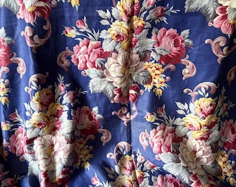 Beautiful Antique Vintage 1930 Cottage Roses Floral Polished Cotton Fabric ~ Rose Pink Yellow Red on Gorgeous Blue ~