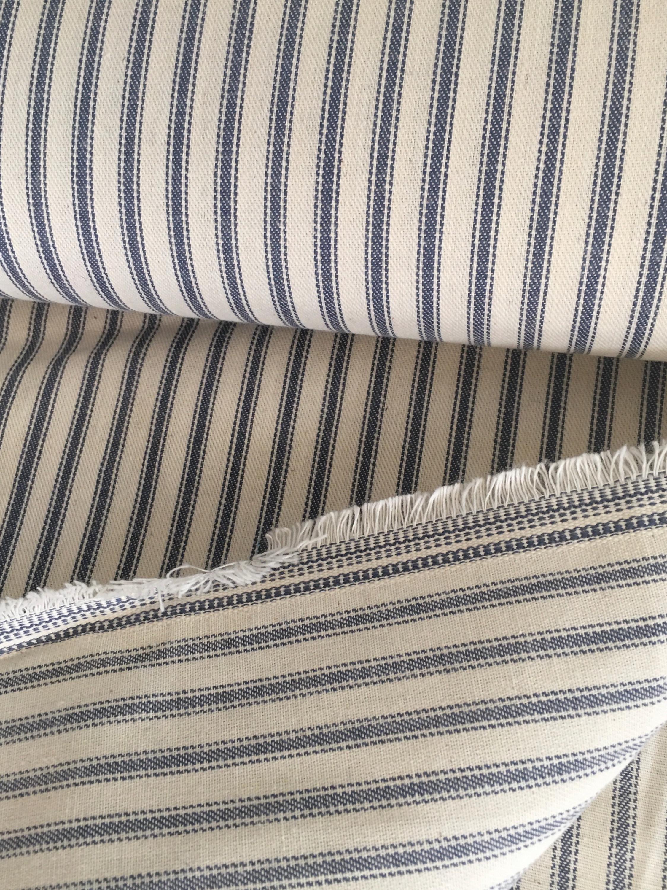 Vintage Cotton Ticking Fabric ~ Blue Natural off White ~ Unused