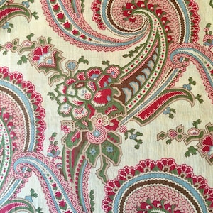 Beautiful Antique Early 1900 Floral Paisley Cotton Fabric ~ Red Green Brown Blue Green Tan~ Large Scale ~ Jacobean Indienne