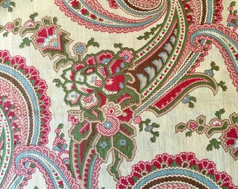 Beautiful Antique Early 1900 Floral Paisley Cotton Fabric ~ Red Green Brown Blue Green Tan~ Large Scale ~ Jacobean Indienne