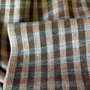 Vintage Woven Homespun Plaid Pure Linen Fabric ~ Brown Gray Black ~ Unused Good Quality Denser