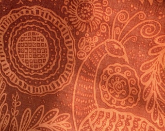 Vintage Retro Boho Floral Peacock Cotton Fabric ~ Orange Brown