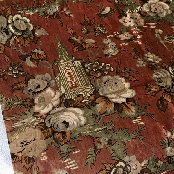 Rare Antique Early 19th Century Chinoiserie Heron Bird Pagoda Floral Glazed Chintz Cotton Fabric ~ Rust Brown Olive Gray Tan