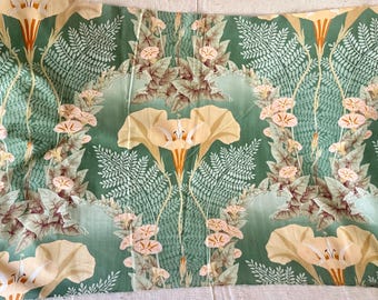 Gorgeous 19th Century 1890 Antique French Morning Glory Fern Botanical Floral Fabric Sample #5~ Green Apricot Sage