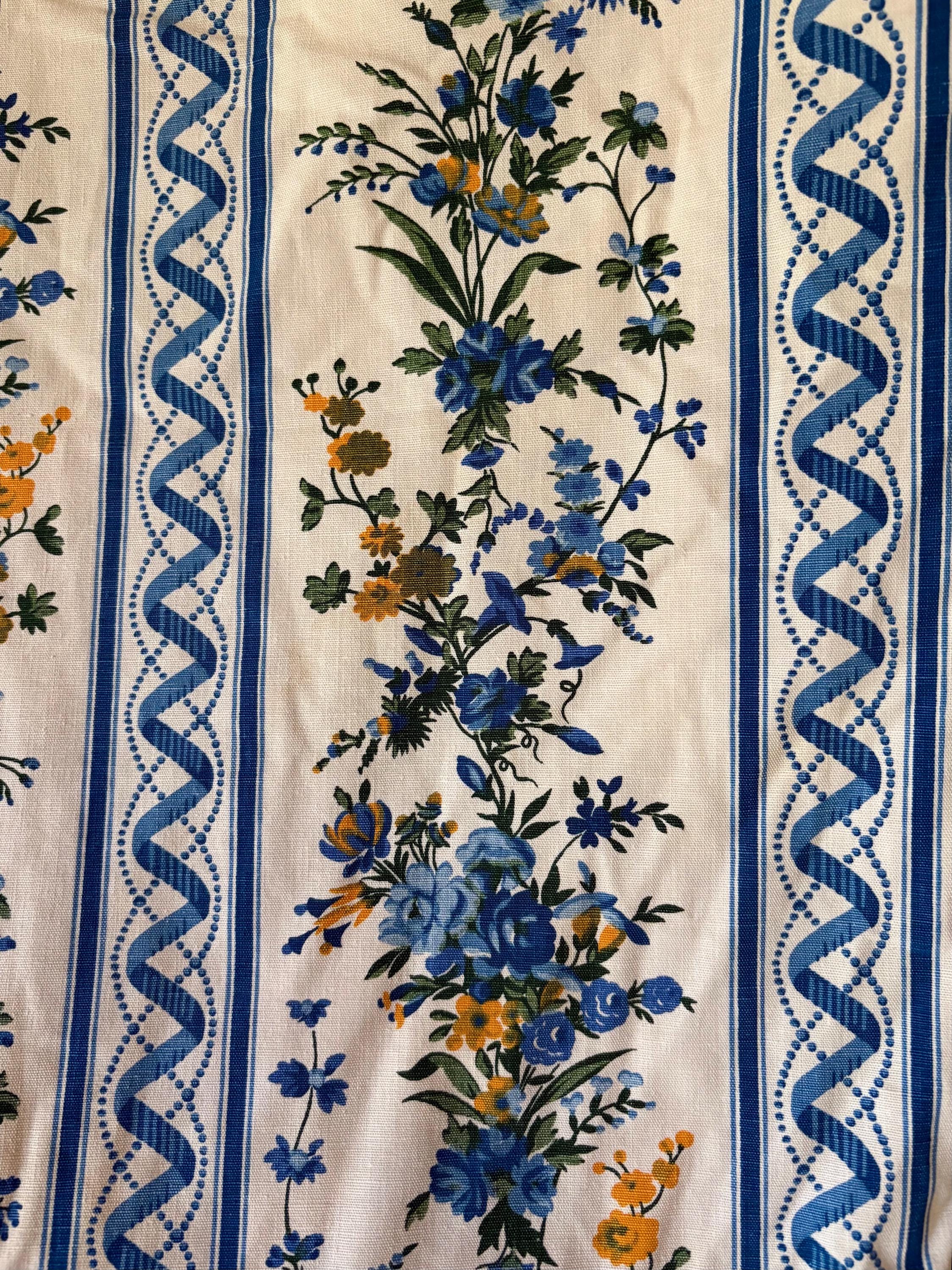 Vintage French Folksy Floral Roses Cotton Interiors Fabric ~ Blue