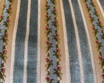 Beautiful Vintage French Floral Stripe Velvet Interiors Upholstery Fabric Fabric Remnant ~ Smoky Gray Blue Rose Pink Olive Green