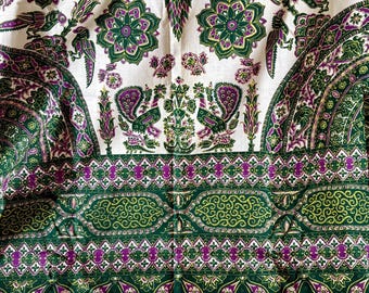 Vintage Boho Peacock Bird Floral Block Print Cotton Cover Curtain Table Wall Art ~ Green Purple Yellow ~ Holland Java ~ Dutch West Indies