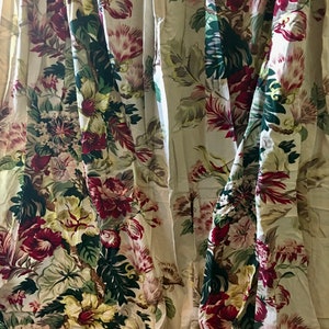 Antique Vintage Floral Satiny Taffeta Fabric Large Floral Palm Leaf Curtain ~Rose Mauve Maroon Chartreuse Yellow Green~ 1940 Cottage Chic