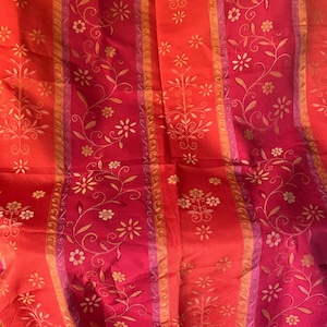 Vintage French Folksy Floral Cotton Linen Sateen Interiors Fabric ~ Red Orange Tangerine Lavender