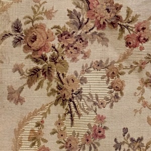 Gorgeous Antique French Roses Floral Garland Silk Brocade Jacquard Fabric ~Apricot Olive on Ochre~ Romantic French Interiors Textile ~patina