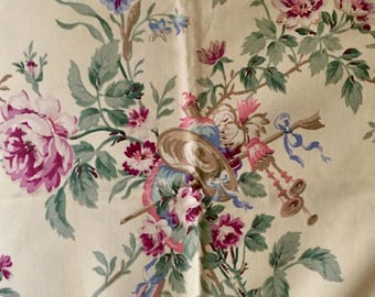 Beautiful Vintage French Country Cottage Garden Style Floral Roses Fine Quality Cotton Fabric ~ 1940s 1950’s ~ Rose Pink Lavender Sage Green