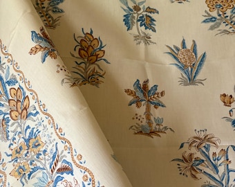 Gorgeous Semi Vintage Scalamandre Winhall Botanical Floral Cotton Fabric ~ Indienne Jacobean ~ Blue Tan Brown Eggshell Cream ~