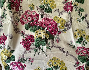 Beautiful Older Waverly Vintage Garden Floral Bird Stylized Scroll Polished Cotton Chinz Fabric ~  Pink Green Gray Yellow Wine Red