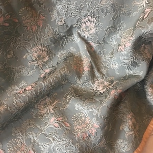 One Gorgeous Antique French Floral Brocade Jacquard Fabric Curtain Panel ~ Grayish Blue Peach Pink ~ 2 available ~