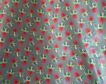 Antique Vintage Charming Small Scale Floral Cotton Chintz Fabric ~ Red Green Black on a Gray with Lavender Undertone Ground~ Interiors Dolls