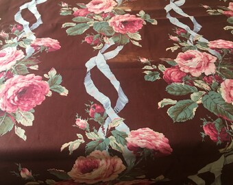 Antique Vintage Large Lush Cabbage Roses Floral Ribbon Polished Cotton Chintz Fabric ~ Rose Pink Green Blue Raisin ~ Cottage Style Chic