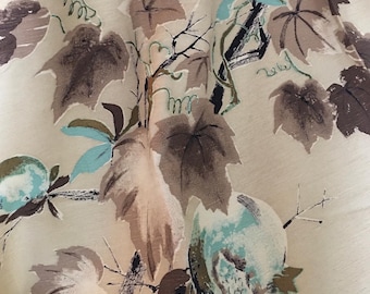 Vintage Mid Century Chinoiserie Chic Pomegranate Foliage Leaf Satin Rayon Interiors  Fabric ~ Aqua Blue Taupe Brown Metallic Bronze Gold