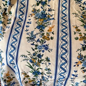 Vintage French Folksy Floral Roses Cotton Interiors Fabric ~ Blue Yellow Green ~ French Country Cottage Chic ~ Romanex Boussac ~ 1950 1960