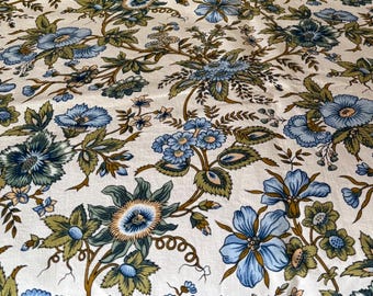 Vintage Retro French Passion Flower Floral  Cotton Interiors Fabric ~ Blue Olive Green Ochre