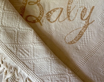 Darling Antique Early 1900 Woven Cotton Jacquard Embroidered Floral Fringed Baby Blanket ~ Tan Cream ~ Farmhouse Nursery