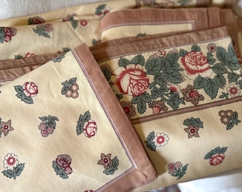Semi Vintage Floral Roses Heavy Cotton Table Cloth & 8 Napkins ~ Rose Pink Green Smoky Lavender on Yellow ~ 70” x 103” ~ Cottage Style
